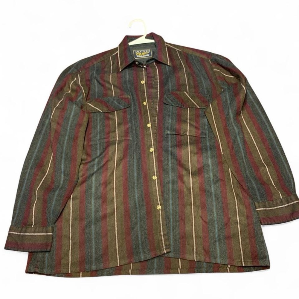 Vintage Men's Striped Button-Up Shirt in Burgundy, Green & Brown